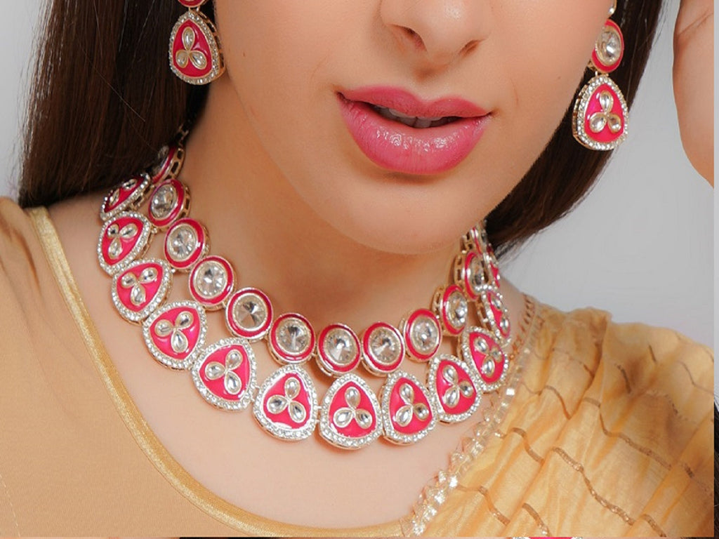 Divisha Alloy Gold-plated Pink Meena Western Jewellery Set | Grocsy