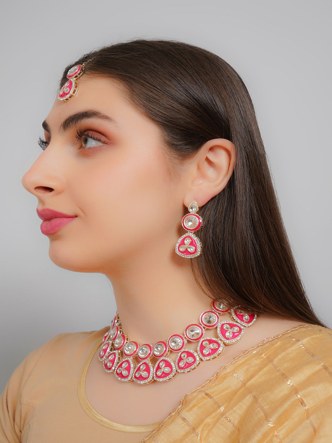 Divisha Alloy Gold-plated Pink Meena Western Jewellery Set | Grocsy