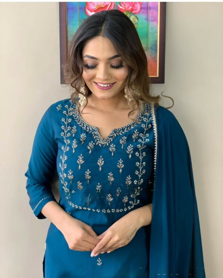 Ethnic Festive Wear Reyon Slub Rama Stitched Suit With Dupatta - Tanisha | Grocsy