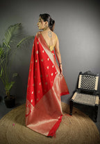 Joban Fashion Red Banarasi Soft Lichi Silk Paisley Saree | Grocsy