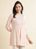 Peach Viscose Rayon Yoke Embroidered A-line Top - Tarini | Grocsy