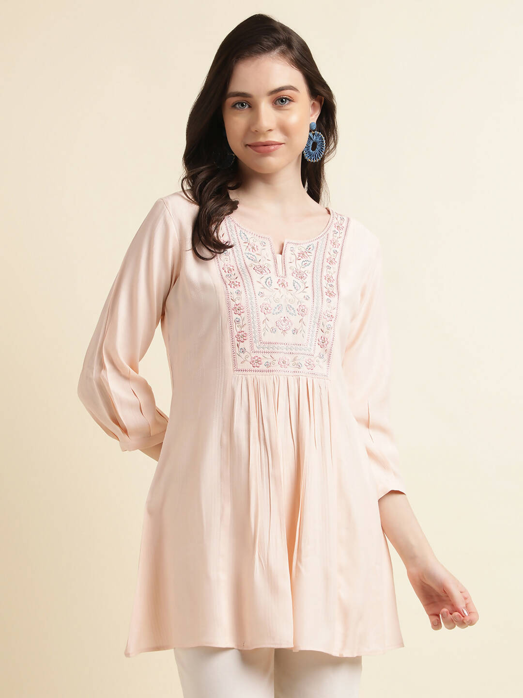 Peach Viscose Rayon Yoke Embroidered A-line Top - Tarini | Grocsy