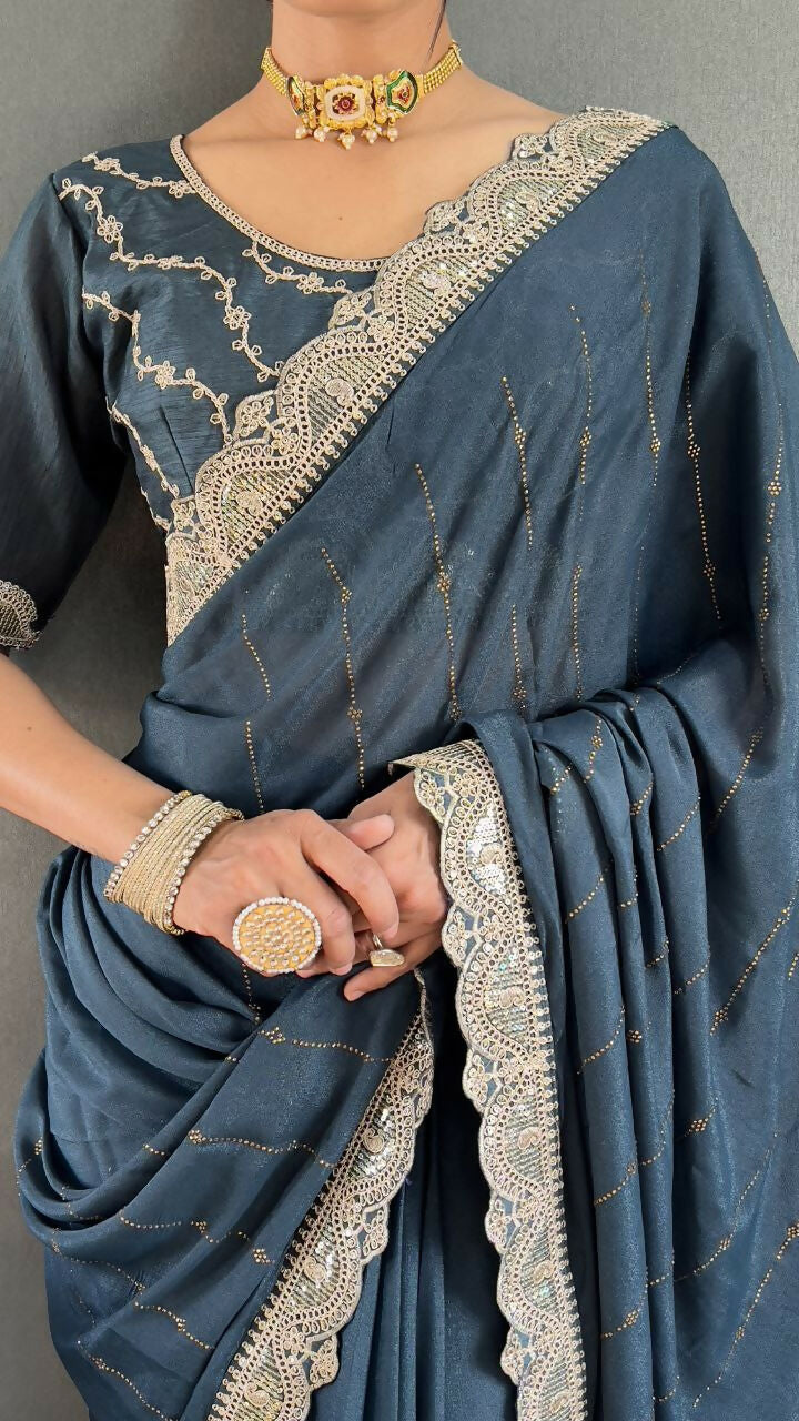 Vastranavya Sea Blue Georgette Silk Swarovski & Heavy Lace Work Ready to Wear Saree | Grocsy