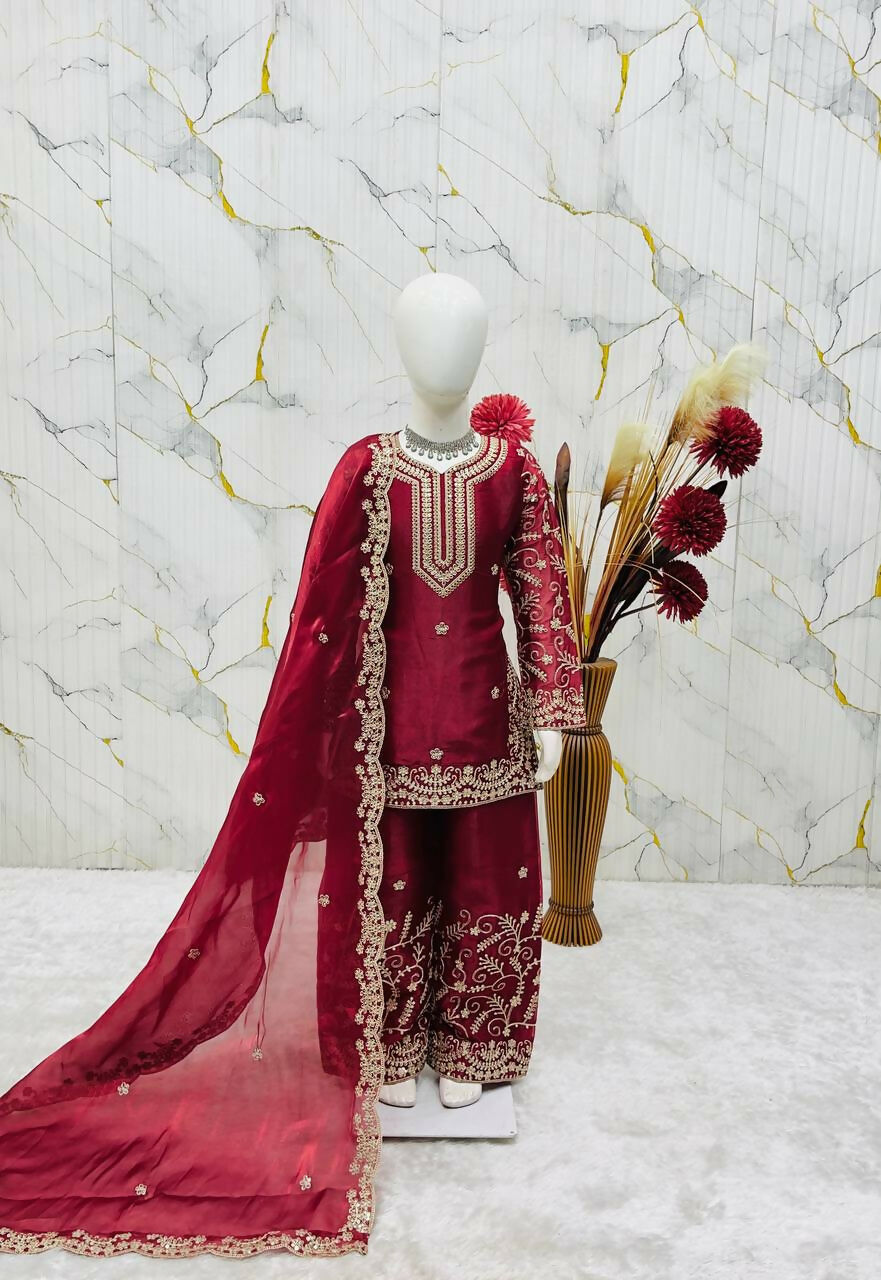 Teeya Creation New Kids Wedding Wear Heavy Embroidery Sequence Work Kurta Sharara Set-Red | Grocsy