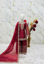 Teeya Creation New Kids Wedding Wear Heavy Embroidery Sequence Work Kurta Sharara Set-Red | Grocsy
