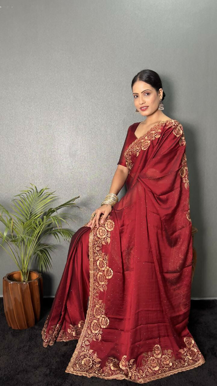 Vastranavya Maroon Rangoli Silk Zari work with DMC Swarovski work Ready to Wear Saree | Grocsy