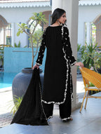 Nikhaar Black Embroidered Modal Silk Stitched Straight Cut Kurta Culottes Dupatta Readymade Suit | Grocsy