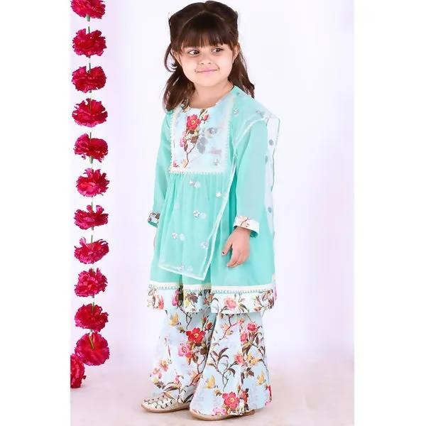 Little Bansi Girls Blue Color Floral print Kurta Frock with Floral Palazzo and Dupatta | Grocsy