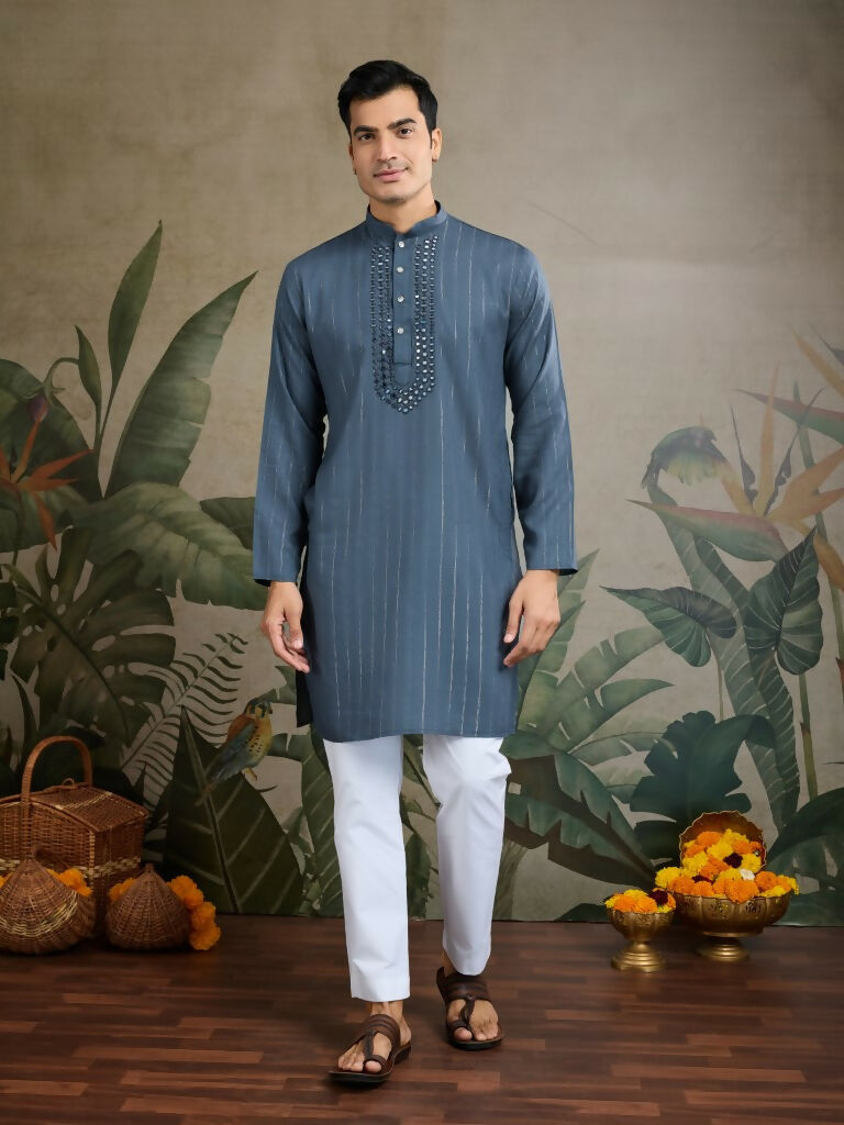 Vastranavya Blue Grey Exclusive Viscose Rayon Festival Wear Real Mirror Work Kurta with Dupatta | Grocsy