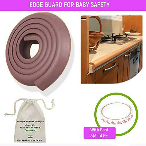 Safe-O-Kid Unique High Density 2 Mtr Long U - Shaped 2 Edge Guards With 8 Corner Cushions - Brown | Grocsy
