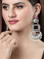 NVR Women's Silver-Plated Artificial Stones and Beads Chandbali Earrings | Grocsy