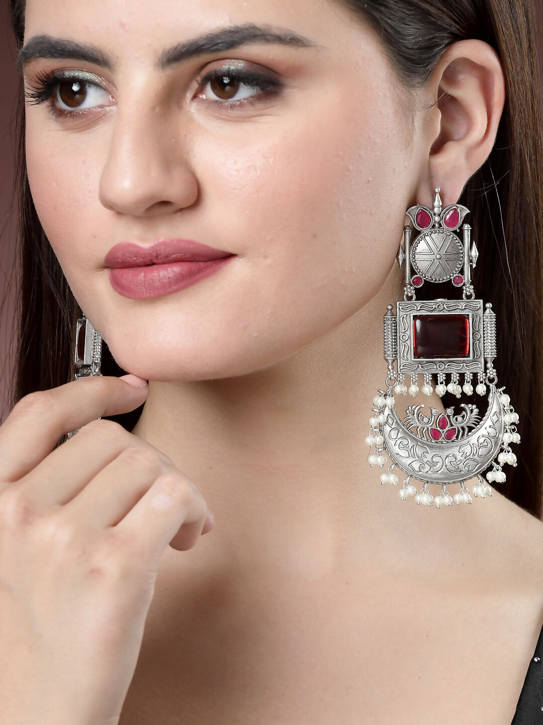 NVR Women's Silver-Plated Artificial Stones and Beads Chandbali Earrings | Grocsy