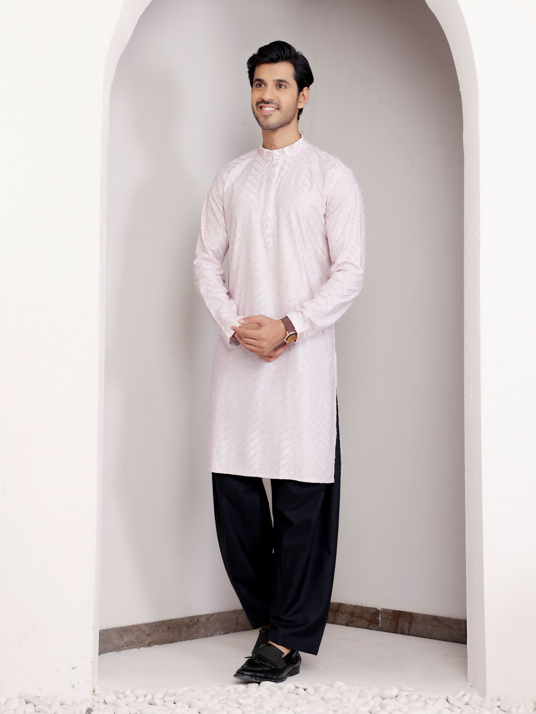Light Pink Georgette Designer Chikankari Embroidery Work Men's Kurta - Mahotsav | Grocsy