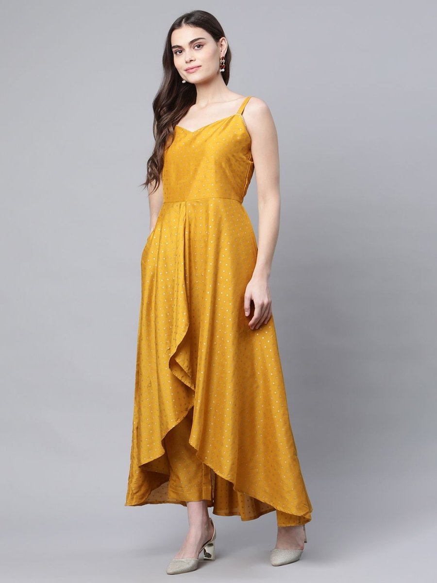 Ahalyaa Women Mustard Poly Silk Gold-Toned Printed Kurta With Trousers | Grocsy