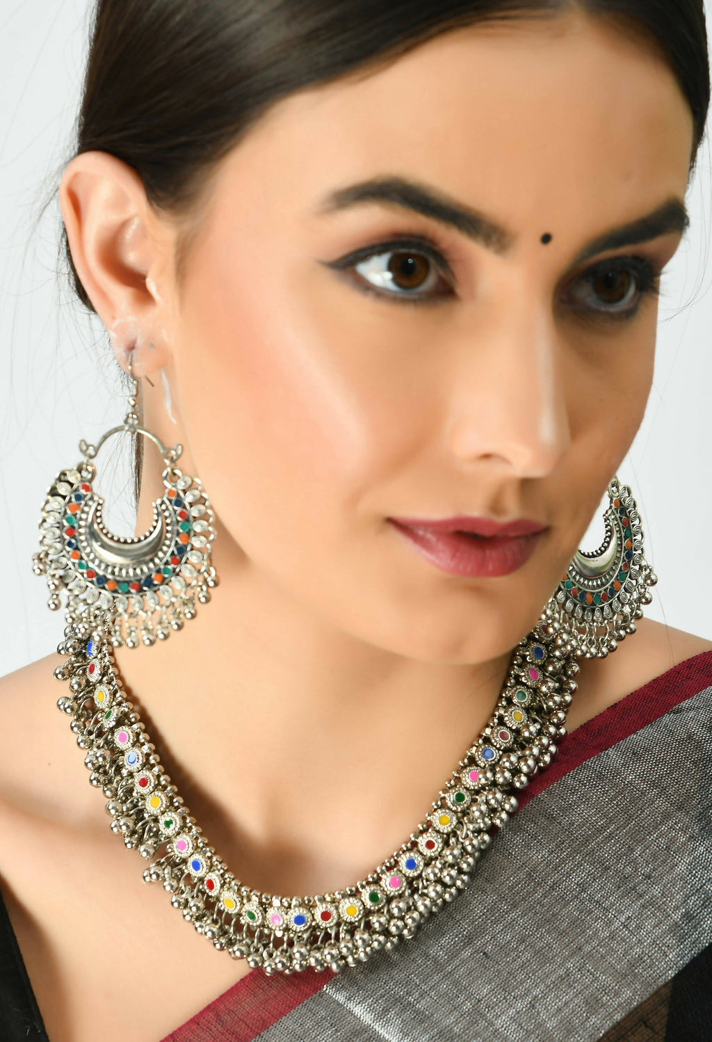 Mominos Fashion Johar Kamal Oxidised Silver-Plated Meena Work Choker Set | Grocsy