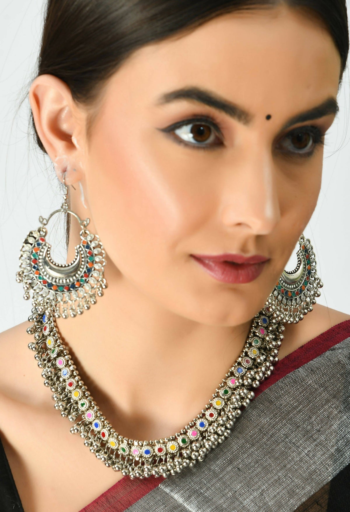 Mominos Fashion Johar Kamal Oxidised Silver-Plated Meena Work Choker Set | Grocsy
