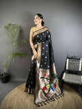 Joban Fashion Black Peacock & Floral Motifs Soft Silk Kanchipuram Saree | Grocsy