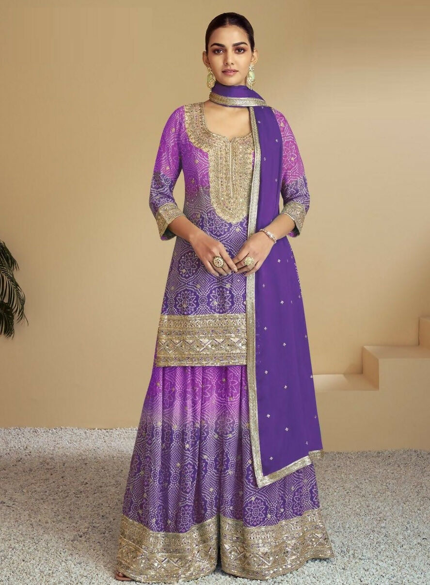 Anaita Lavender Digital print with Embroidered Silk Stitched Plazo Suit(Free Size) | Grocsy