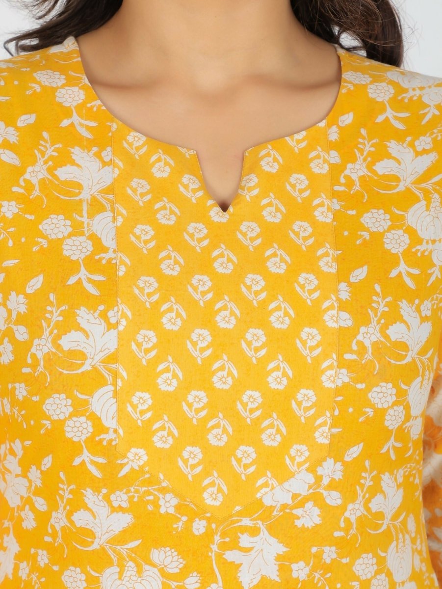 Aramya Yellow Soft Cotton Floral Print Straight Kurta Set for Women | Grocsy