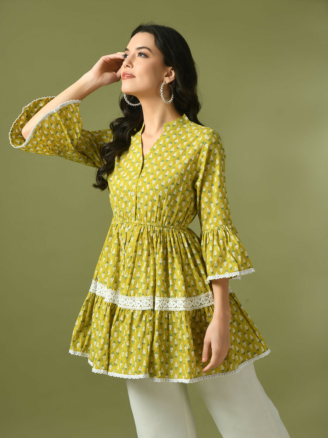 Myshka Women's Yellow Embellished Cotton Gathered Party Empire Top | Grocsy