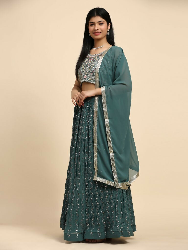 Green Georgette Embroidered Lehenga choli with Dupatta - Dhara | Grocsy