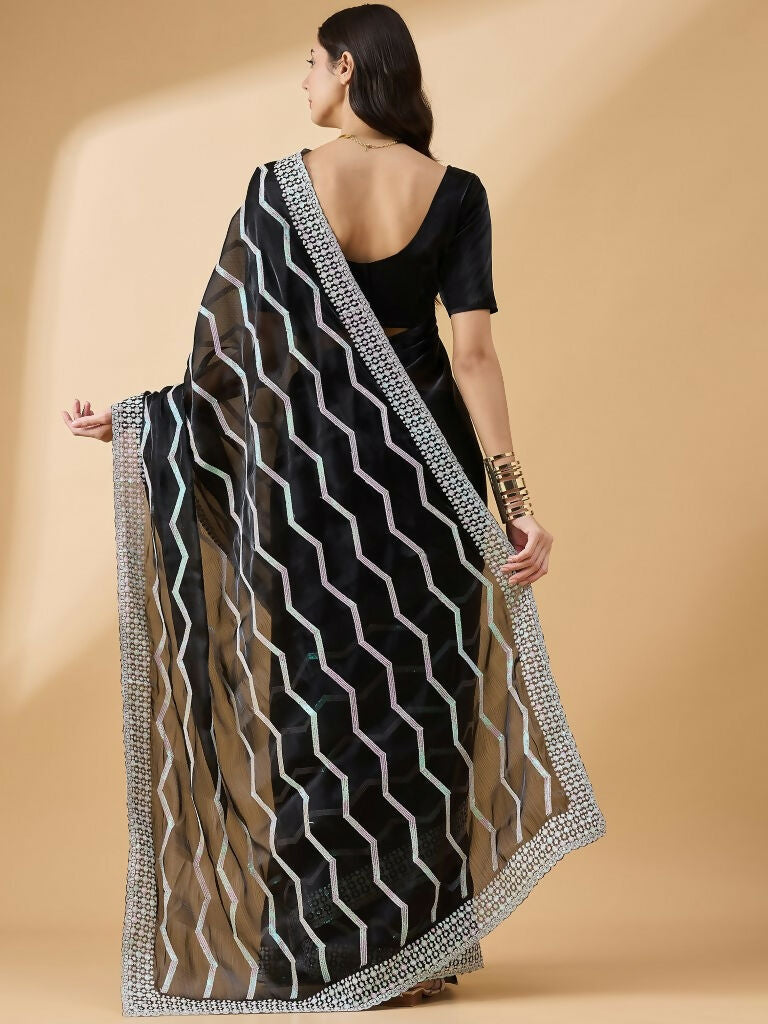 Black Tissue Slub Embroidered Saree with Unstitched Blouse - Vairagi | Grocsy