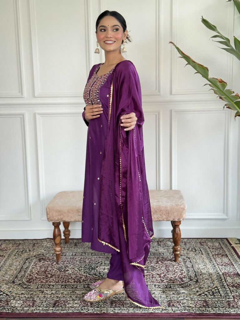 Purple Rayon Slub Stitched Suit With Dupatta - Tanisha | Grocsy