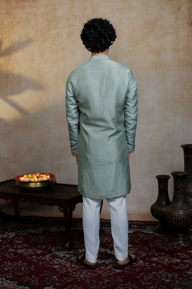 Falling Raw Silk Olive Green Kalika Kurta Set By Hilo Design | Grocsy