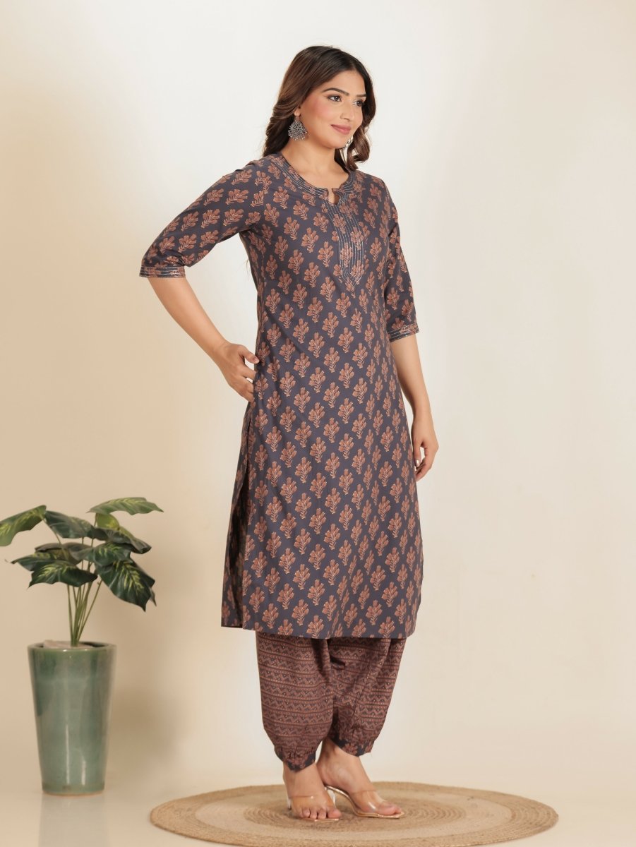 Aramya Straight Soft Cotton Floral Print Women's Kurta Set - Grey | Grocsy