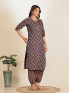 Aramya Straight Soft Cotton Floral Print Women's Kurta Set - Grey | Grocsy