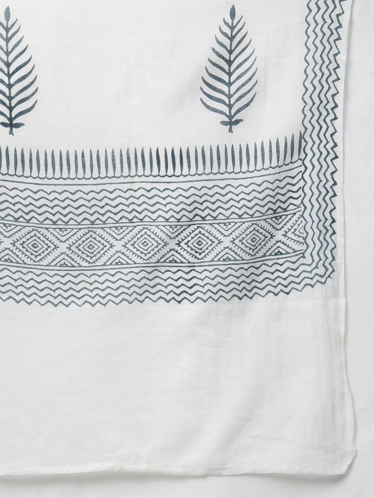 YuftaWomen Navy Blue & White Yoke Design Thread Work Cotton Kurta with Palazzo & Dupatta | Grocsy