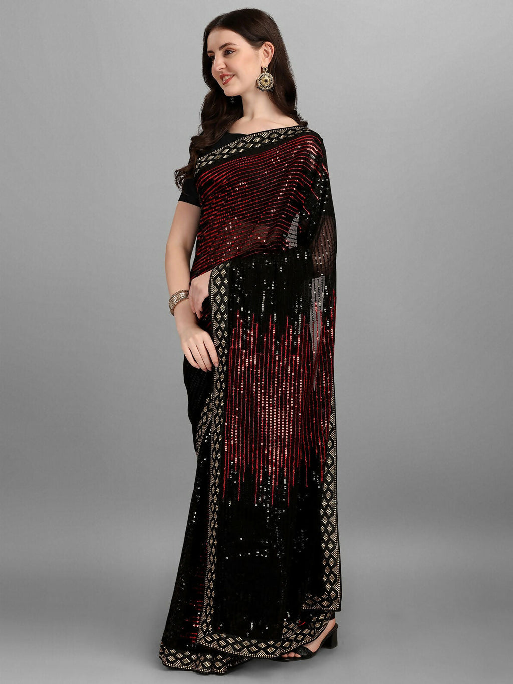 Vegaa Fashion Black Georgette Embroidered Party Wear Saree | Grocsy