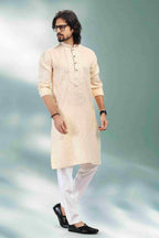 Raivat Ethnic Linen Cotton Pintux Work Kurta Pajama In Beige Colour | Grocsy