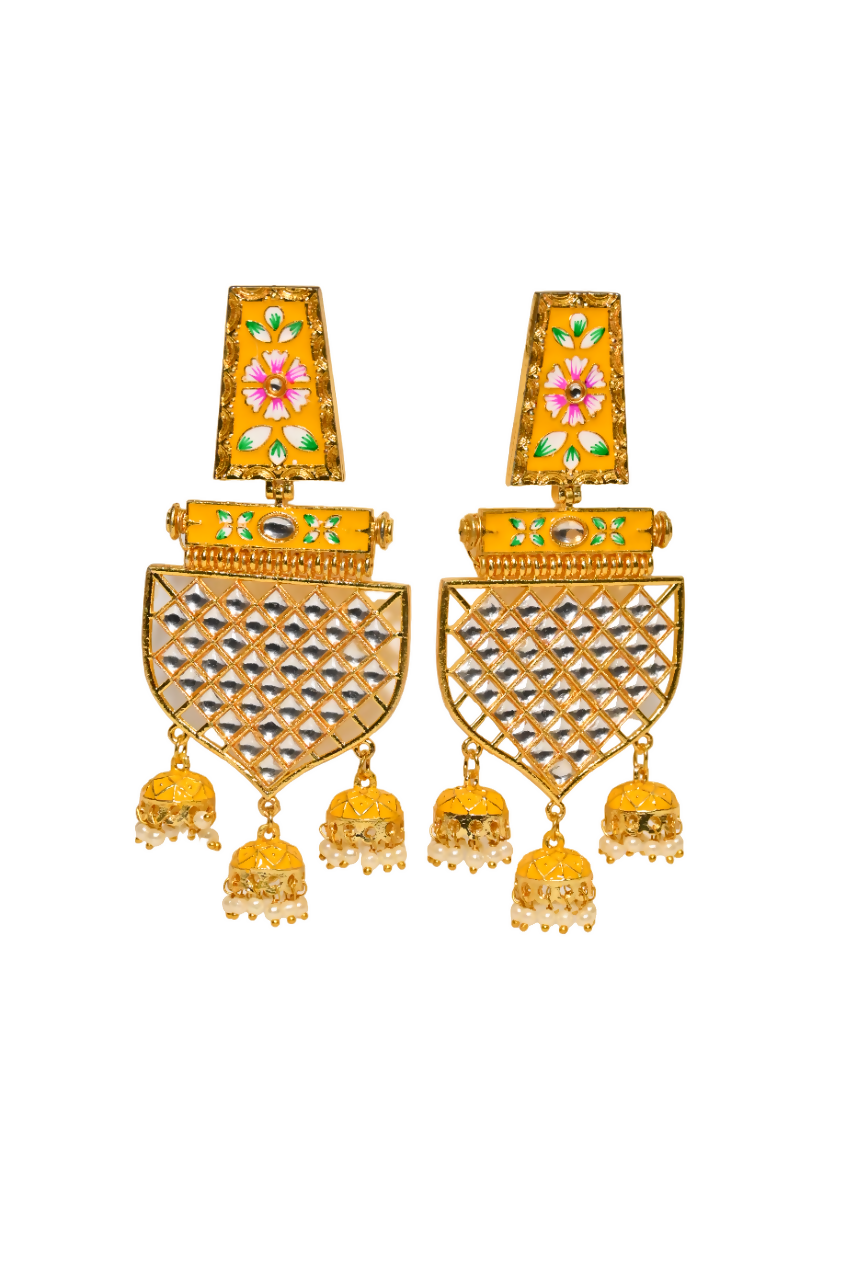 Traditional Gold-Polished Meenakari Yellow Jhumka Jhumki Earrings By House of Ree - Swadesiicart