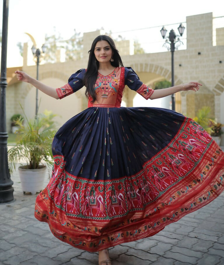 Jyoti Fashion Women's Navy Blue Patola with Foil Print Dola Silk Anarkali Dress | Grocsy
