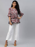 Yufta Women Red & White Bell Sleeve Layered Handblock Ethnic Motifs Print Regular Top | Grocsy