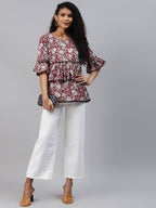Yufta Women Red & White Bell Sleeve Layered Handblock Ethnic Motifs Print Regular Top | Grocsy