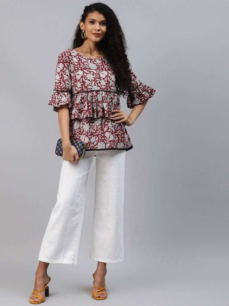 Yufta Women Red & White Bell Sleeve Layered Handblock Ethnic Motifs Print Regular Top | Grocsy