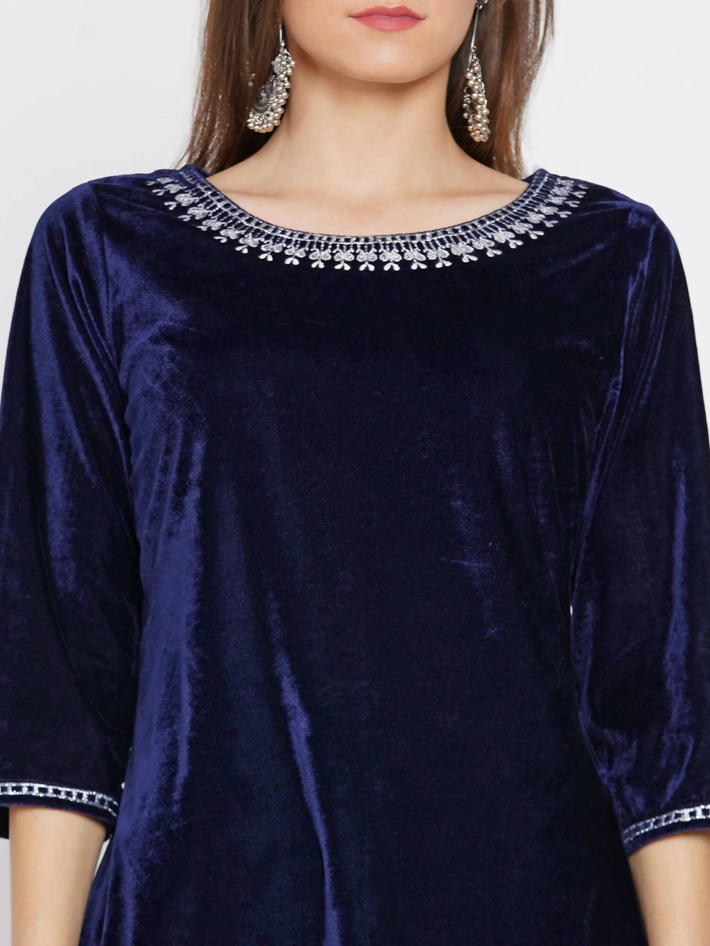 Women Republic Navy Blue Velvet Embroidered Kurta With Bellbottom Pants | Grocsy