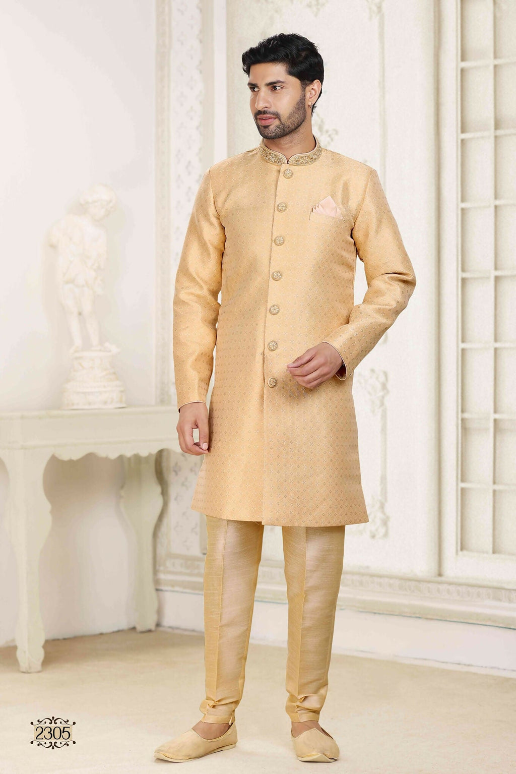 Raivat Ethnic Banarasi Jacquard Embroidery Semi Indo Western Sherwani In Beige Colour | Grocsy