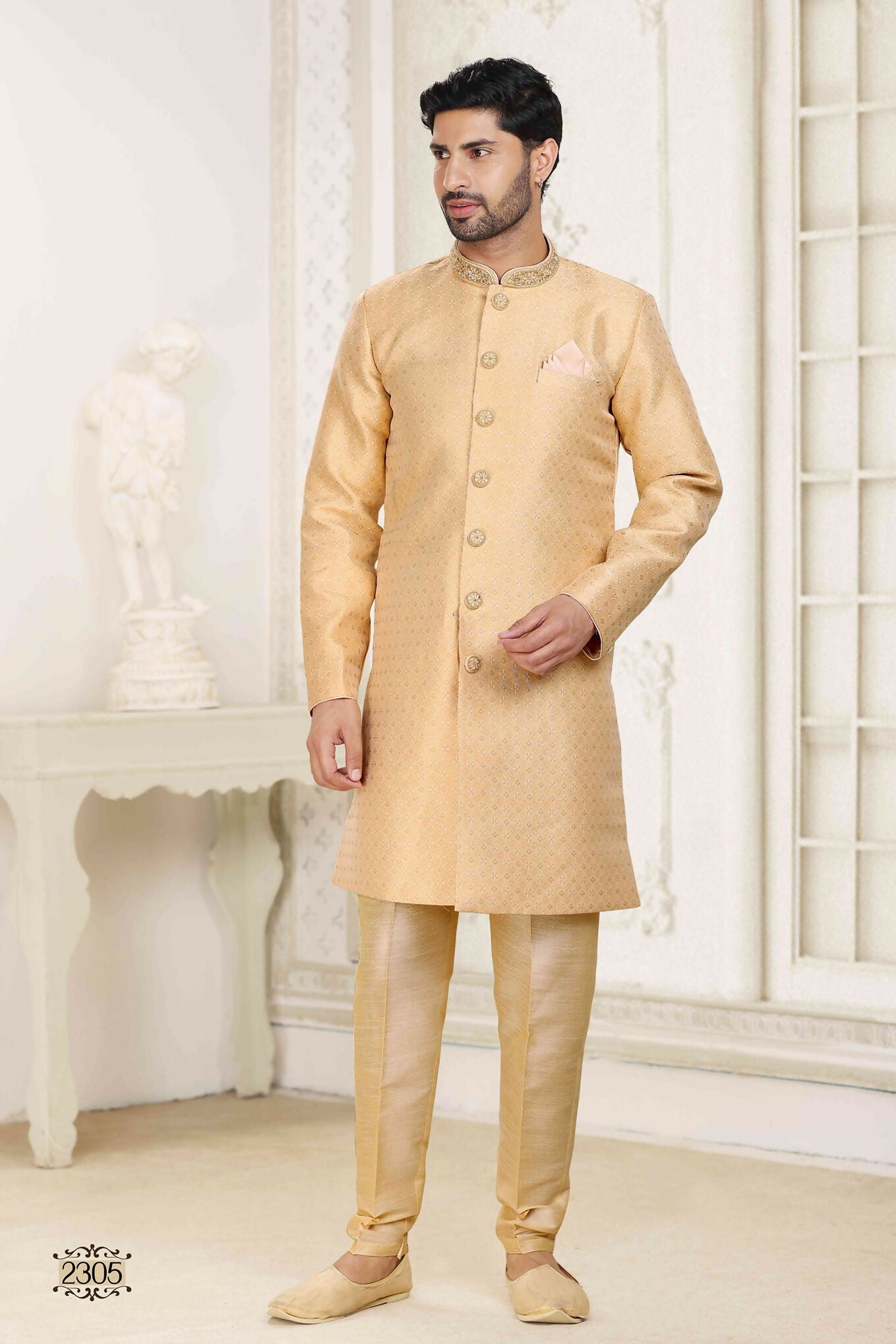 Raivat Ethnic Banarasi Jacquard Embroidery Semi Indo Western Sherwani In Beige Colour | Grocsy