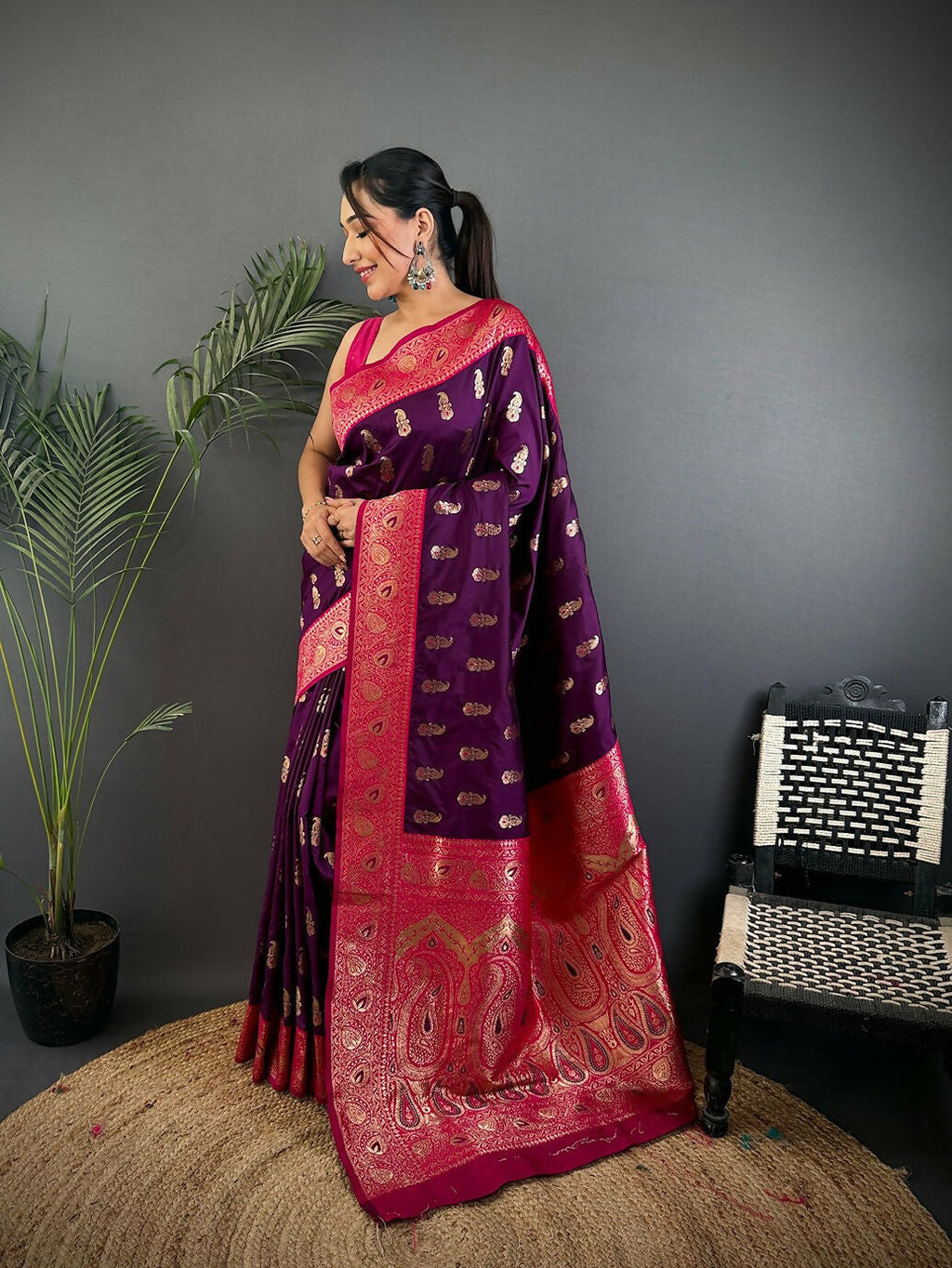 Joban Fashion Banarasi Purple Woven Butti Soft Silk Saree | Grocsy
