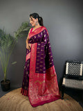 Joban Fashion Banarasi Purple Woven Butti Soft Silk Saree | Grocsy