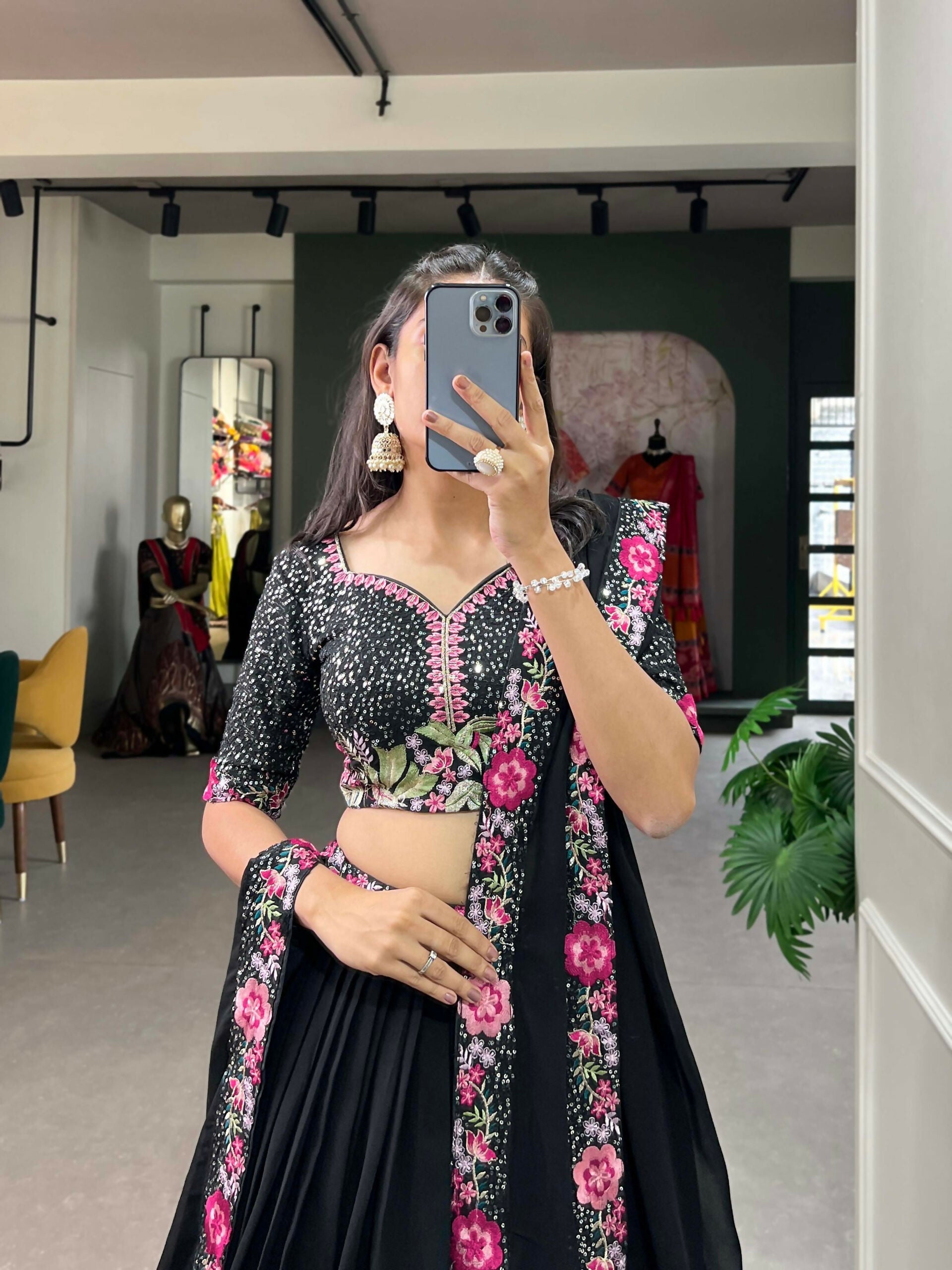Vastranavya Party Wear Sequins And Delicate Embroidery Work Belt Lehenga Choli - Black | Grocsy