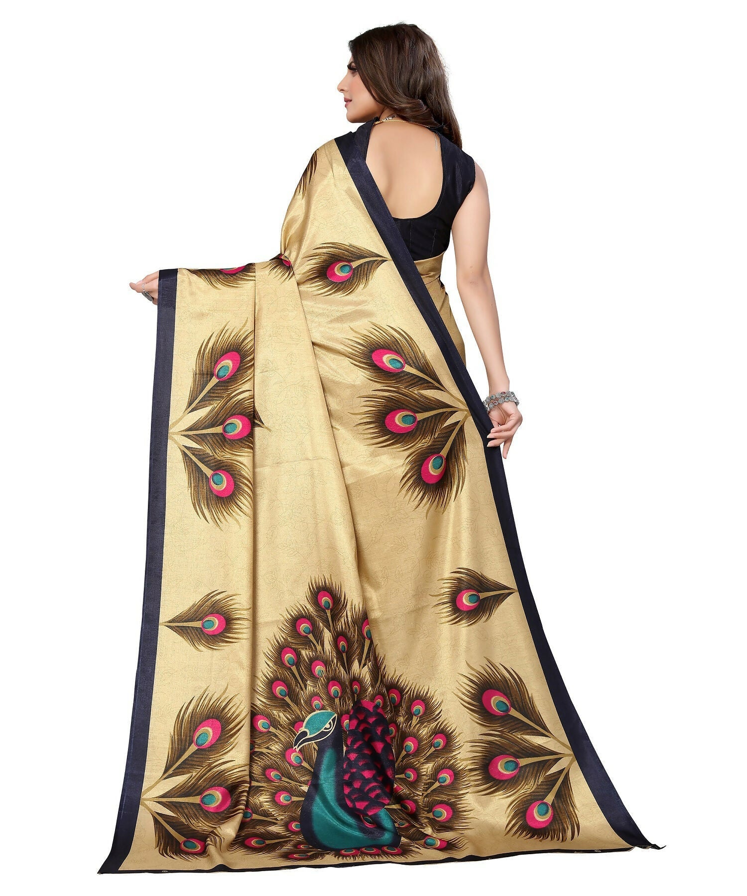 Vamika Golden Cream Printed Art Silk Saree | Grocsy