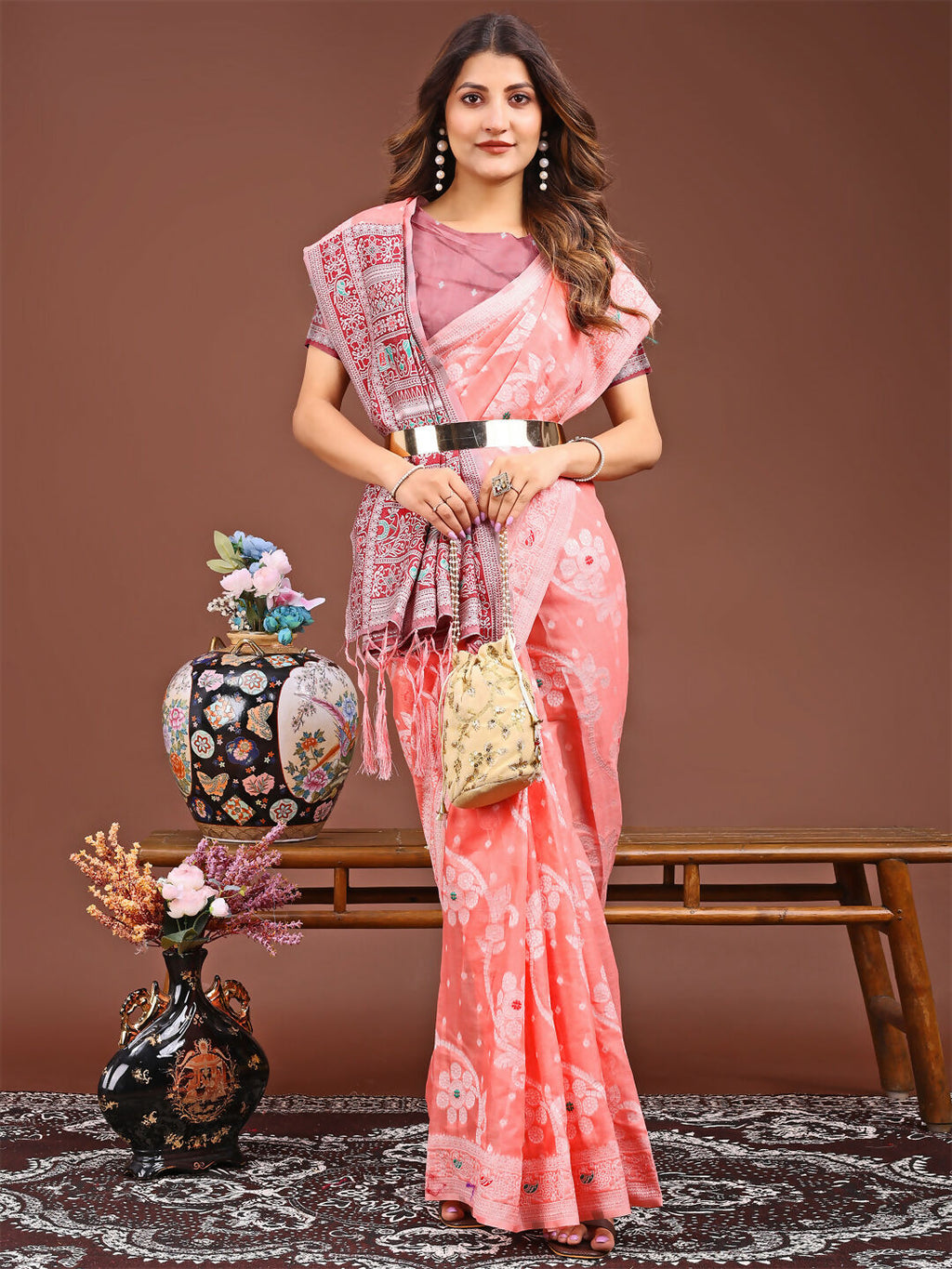 Shree Shyam Fashion Anaya Peach Linen Cotton Saree | Grocsy