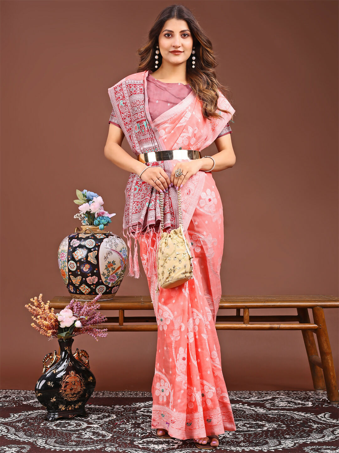 Shree Shyam Fashion Anaya Peach Linen Cotton Saree | Grocsy