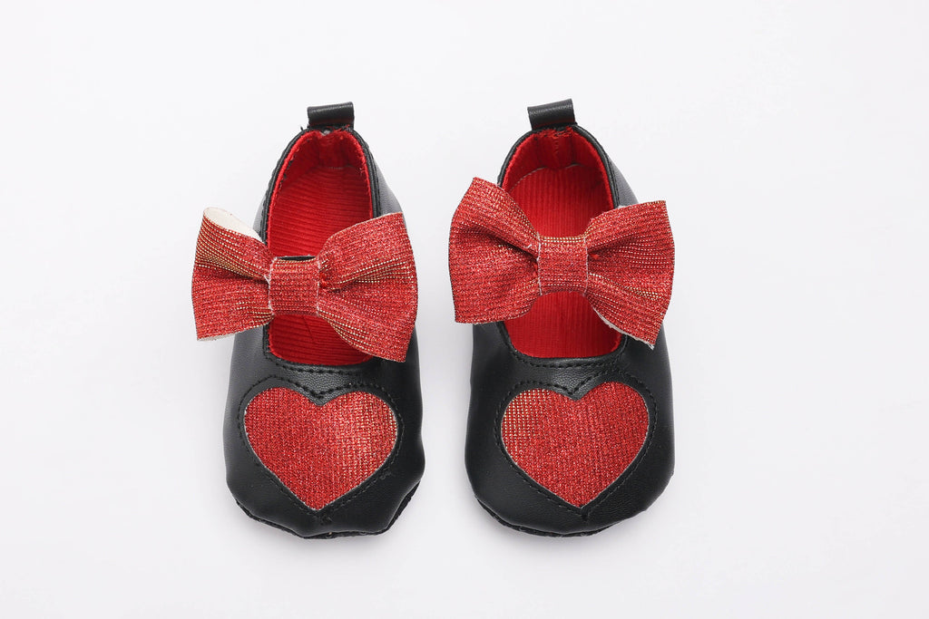 Tiny Bugs Girls Heart Bow Detailing Booties - Black & Red | Grocsy