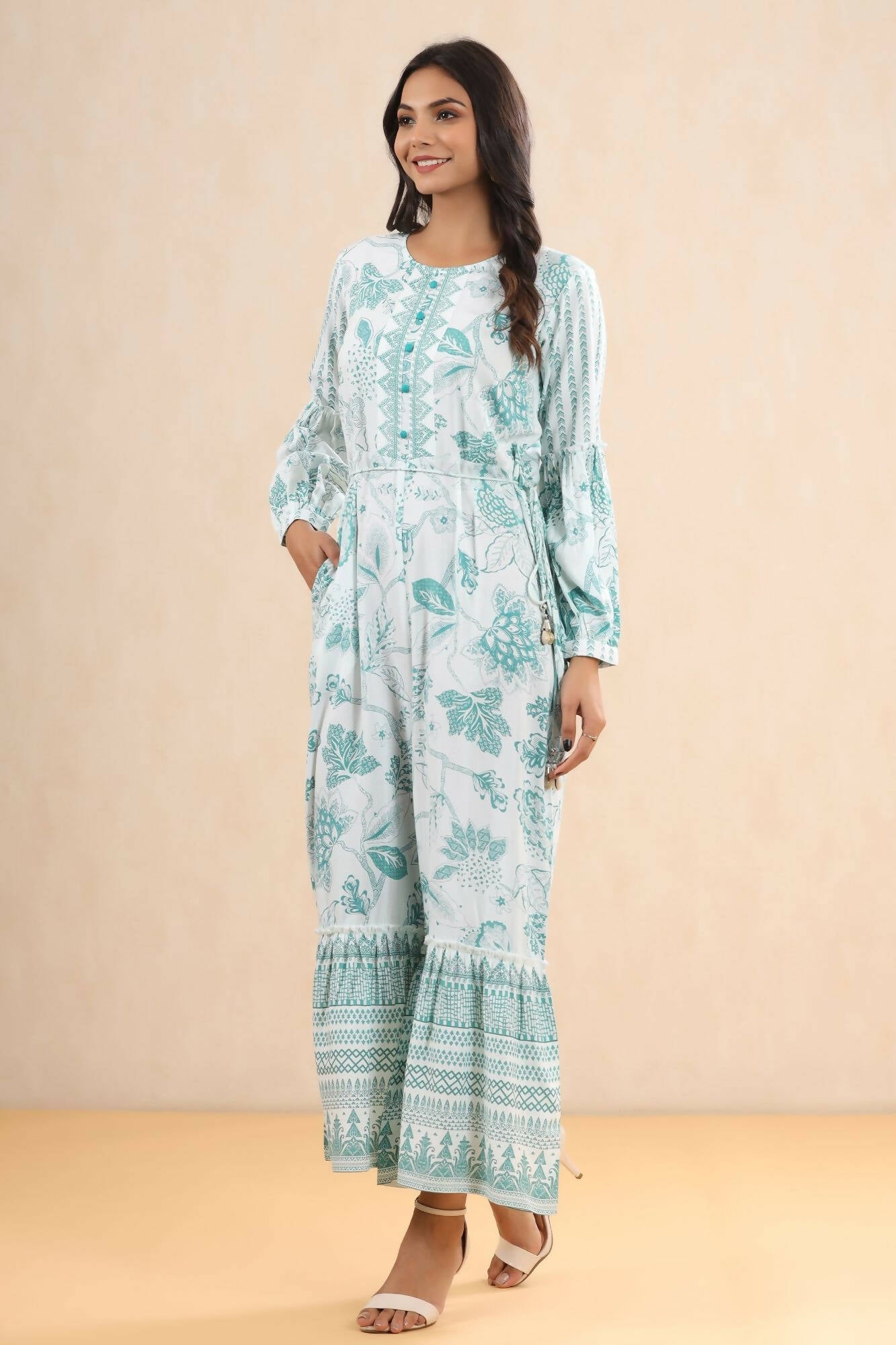 Juniper Women Teal Rayon Printed Straight Jumpsuit | Grocsy