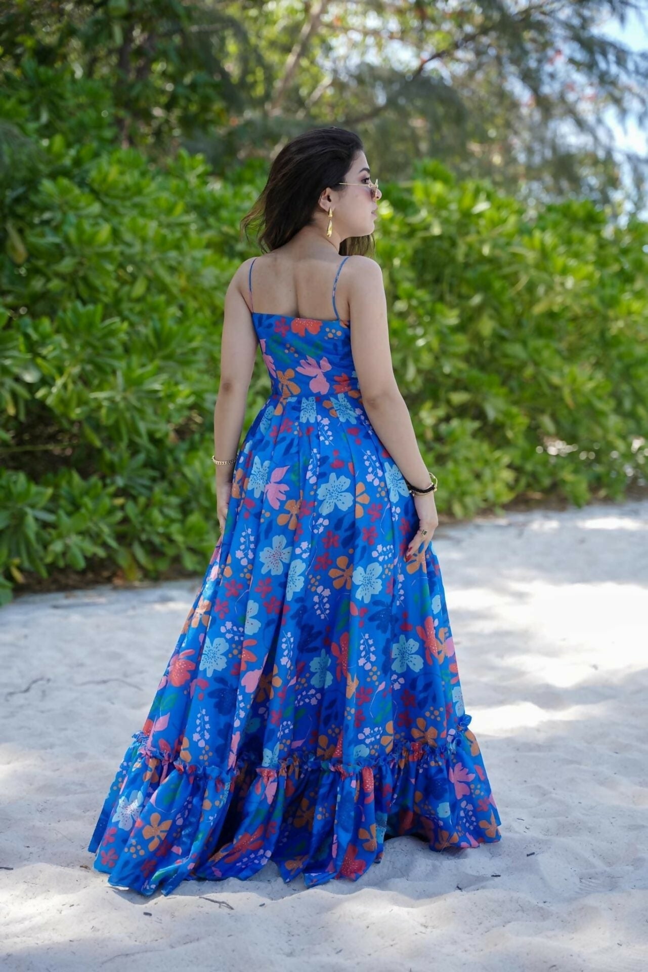 The52 Women's Gorgeous Flared Partywear Designer Poly Rayon Gown-Blue | Grocsy